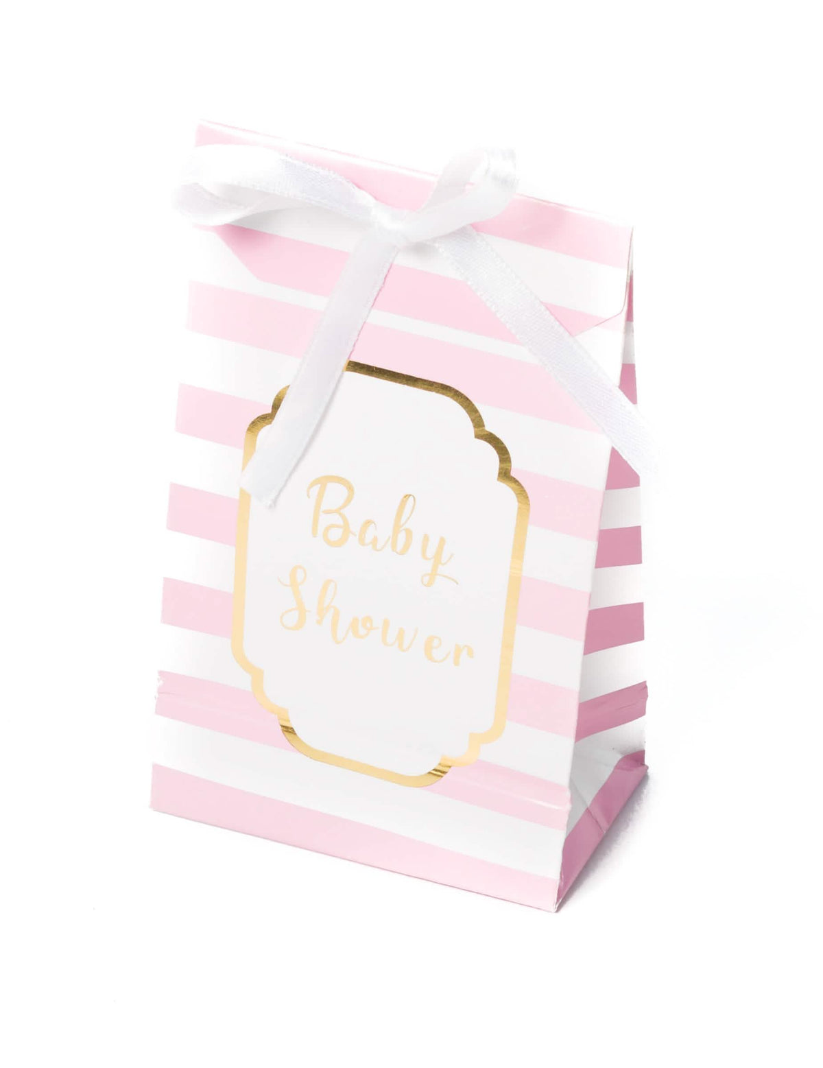 Подаръчни торбички за baby shower розов и злато на райета с бял панделка
