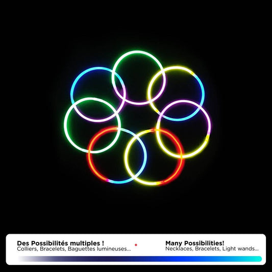 Exemples d'assemblages du set de 100 bracelets phosphorescents pour fête