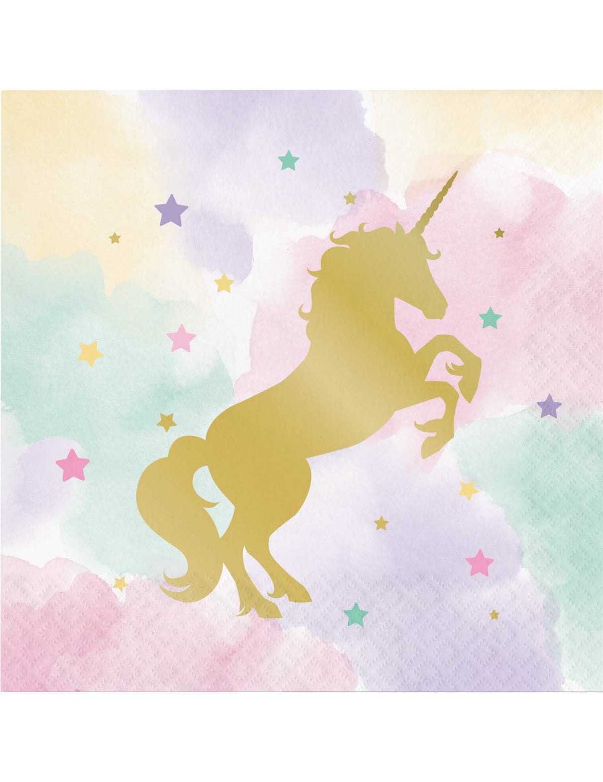 Serviettes en papier licorne avec silhouette dorée et fond aquarelle pastel
