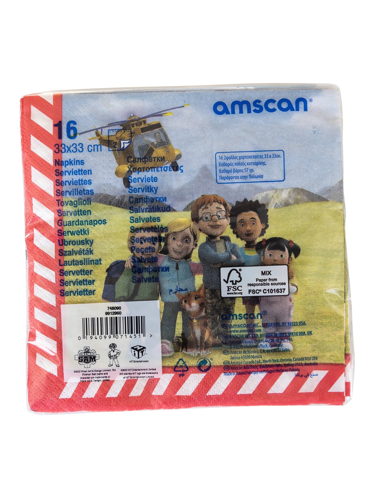 Vue du dos de l'emballage des serviettes en papier Sam le Pompier pour enfant