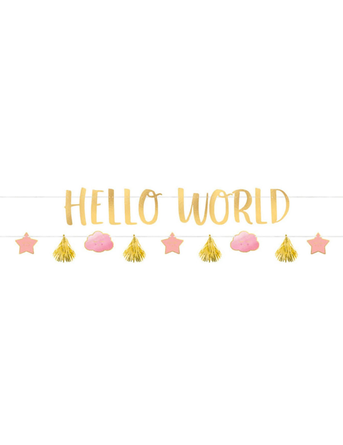 Гирлянди от картон Hello World за бебешко парти розов и злато