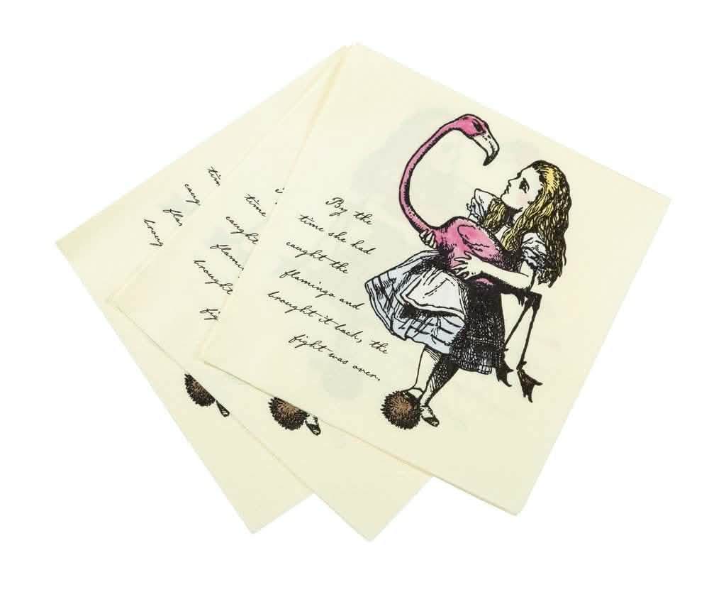 Illustration d'Alice et du flamant rose des serviettes en papier Alice au pays imaginaire pour fête flamant rose