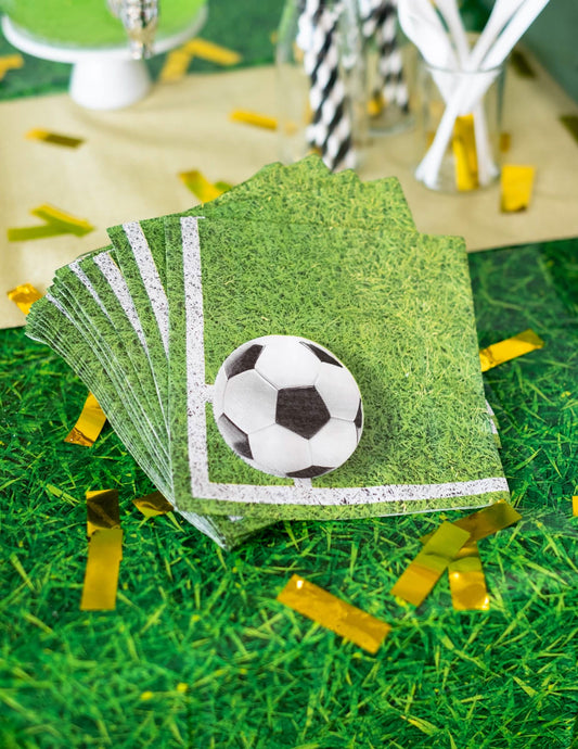 Vue en éventail du lot de serviettes en papier football pour fête