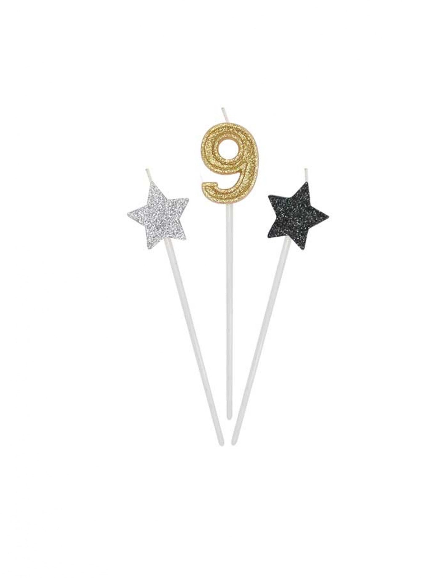 3 свещи за рожден ден Златни, сребърни и черни 16 см 16 см