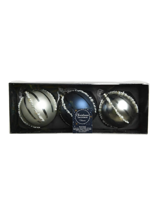 Boîte de présentation des boules de Noël en verre avec perles bleu marine et argent effet nacré