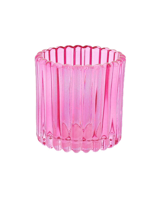 Vue du modèle rose du 3 photophores en verre rose, orange et jaune
