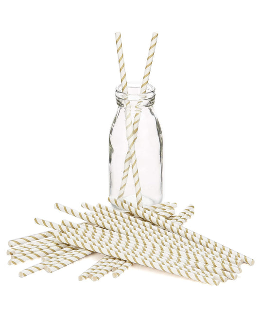 Mise en situation dans une bouteille des pailles rayées en carton pour fête or