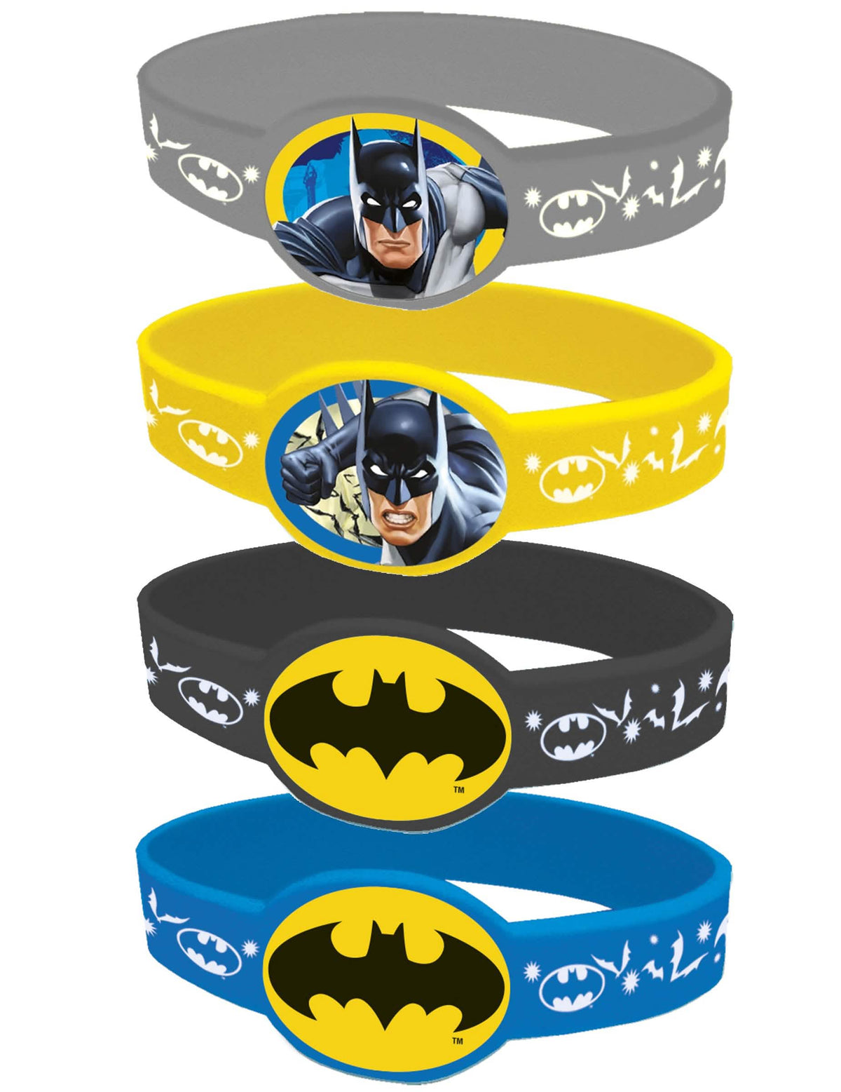 4 еластични гривни Batman за дете сив, жълт, черен и син с мотиви
