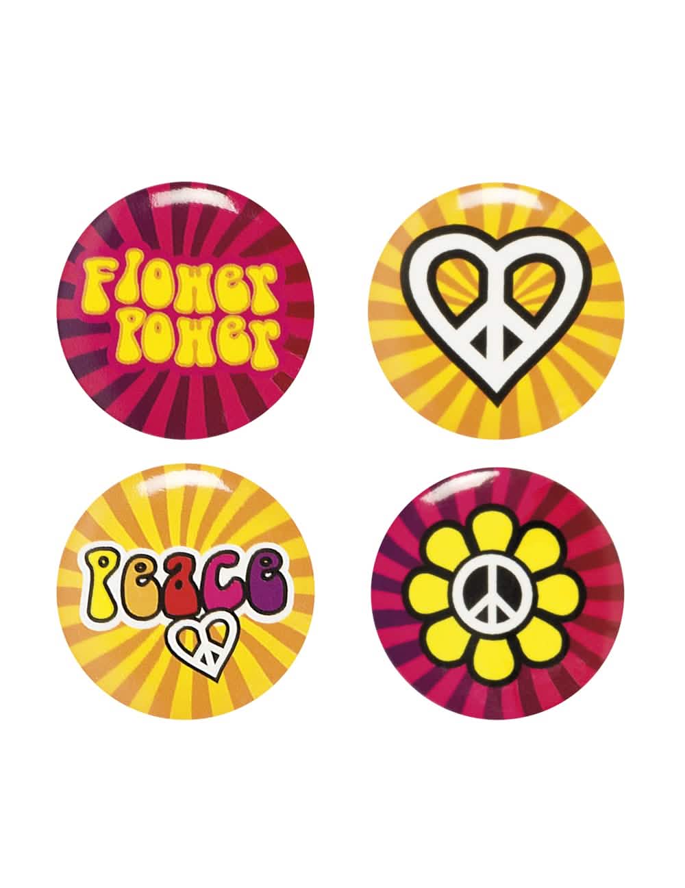 Комплект от 4 многоцветни значки Hippie Flower Power за възрастен