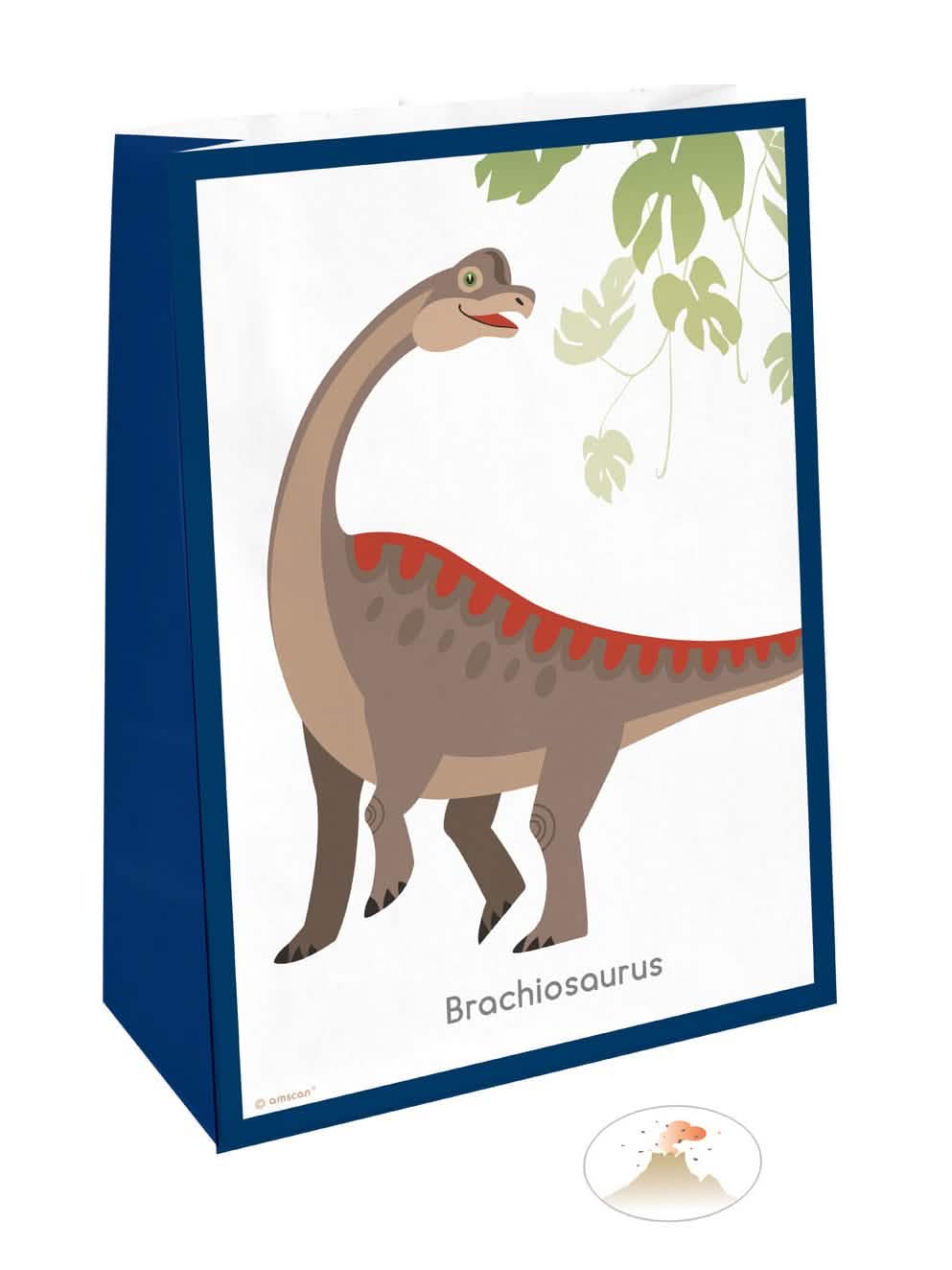 подаръчни торбички с динозаври Brachiosaurus син с хартиени стикери