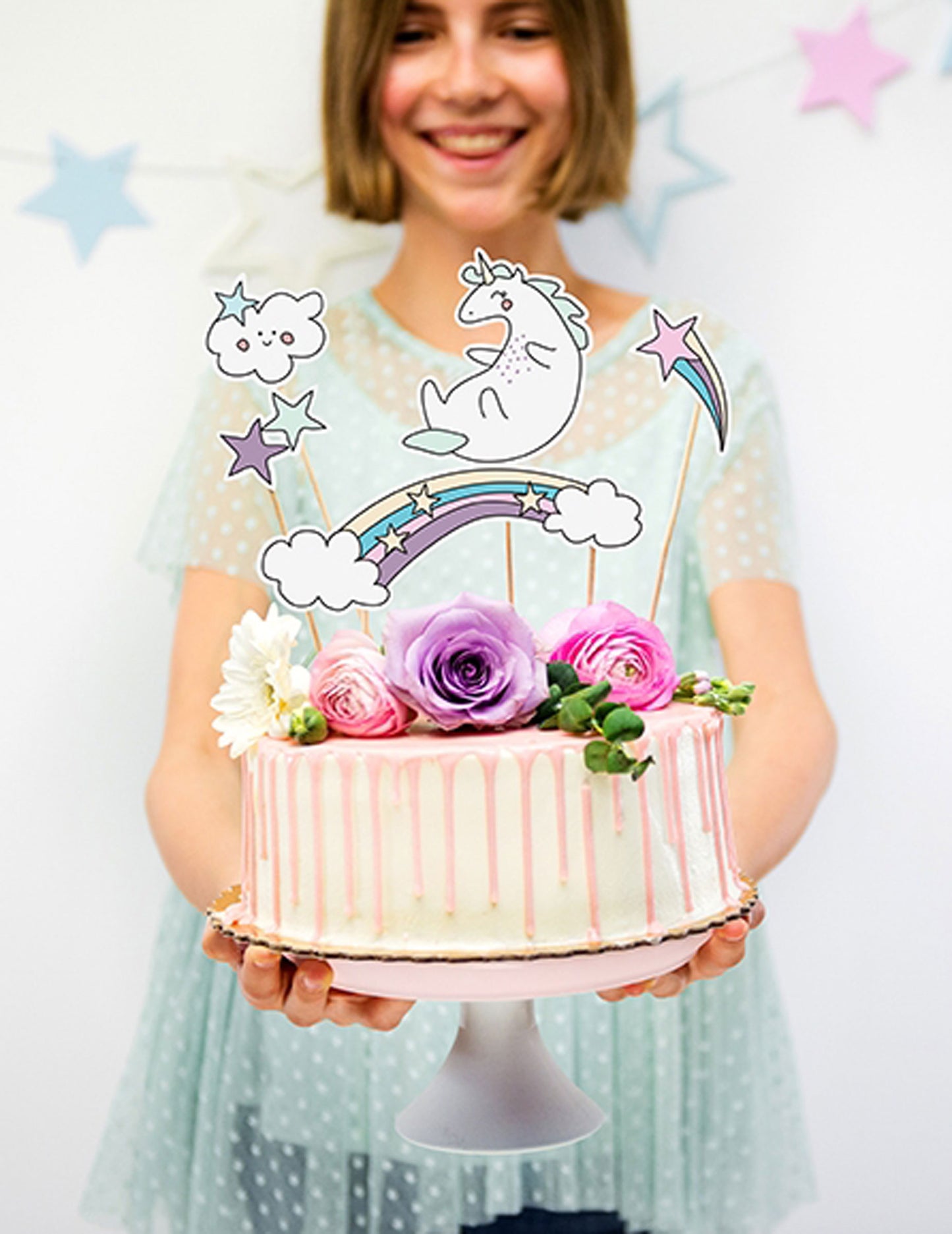 5 décorations pour gâteau sur pique licorne et arc-en-ciel 23,5 cm
