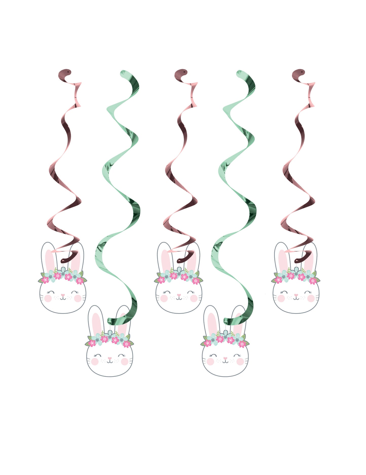 Suspensions spirale en carton petit lapin pour anniversaire rose et vert métallisé