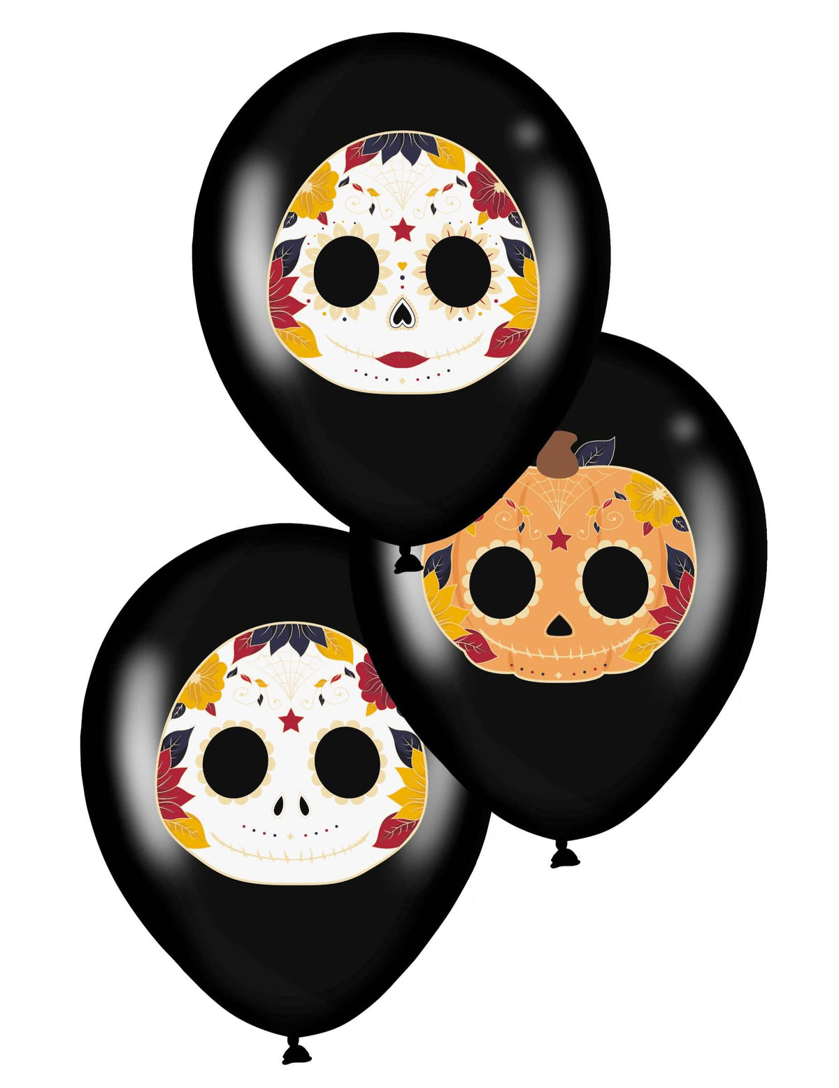 латексови балони Dia de los Muertos за парти в черно с мотиви на цветни черепи