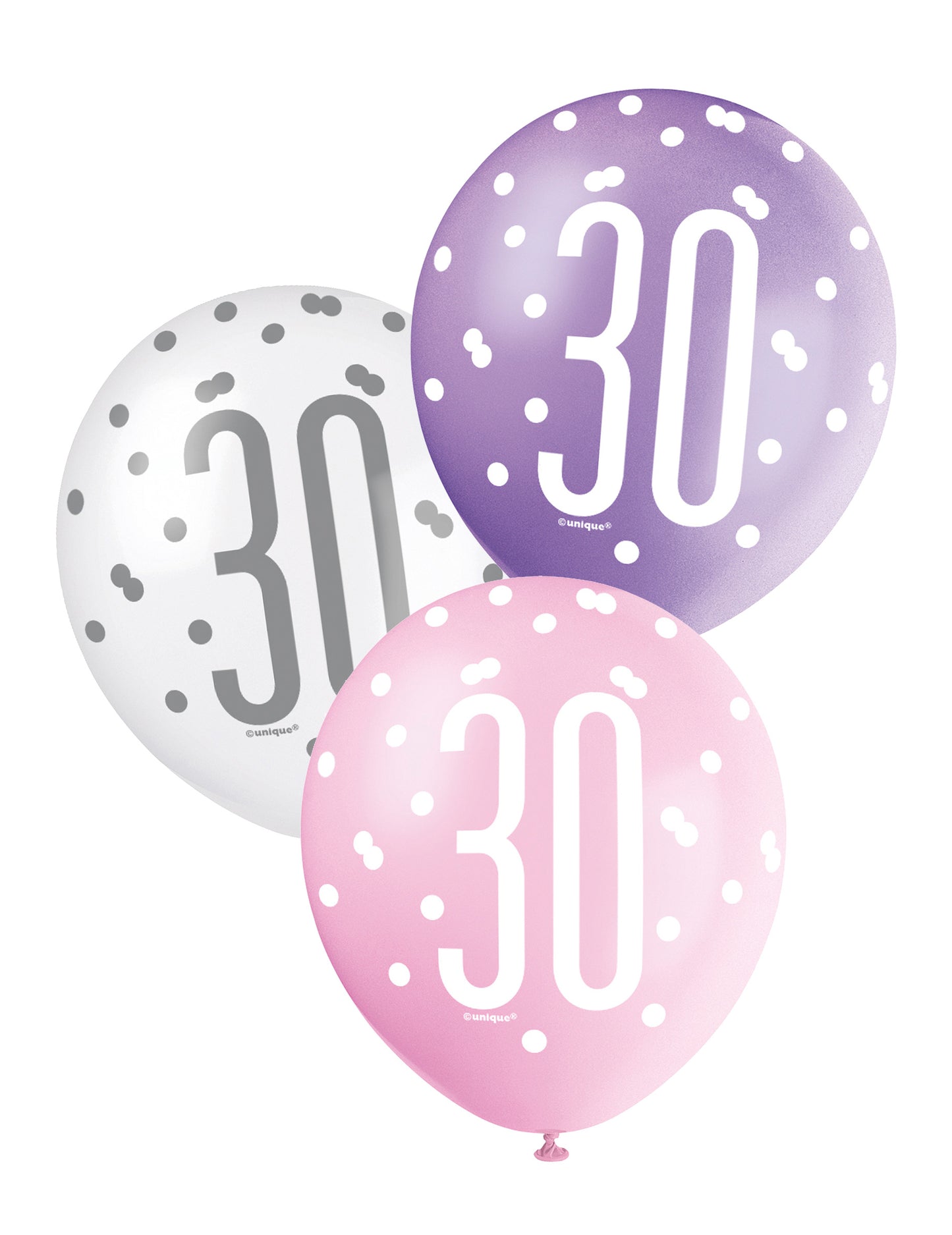 6 розови, лилави и бели балони на 30 години