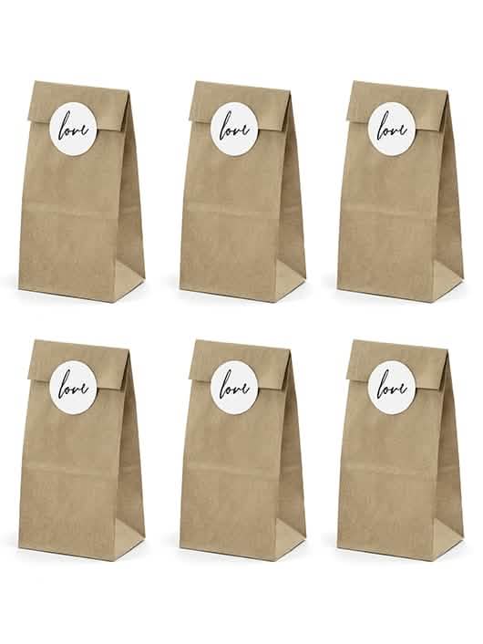 Vue d'ensemble des sachets kraft stickers love pour mariage