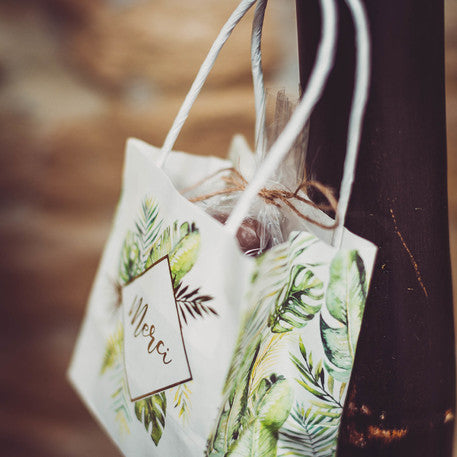 6 тропически картонени торбички за благодарности в цвят слонова кост със златна фолио, 11 x 10 x 7 см cm подаръци за парти