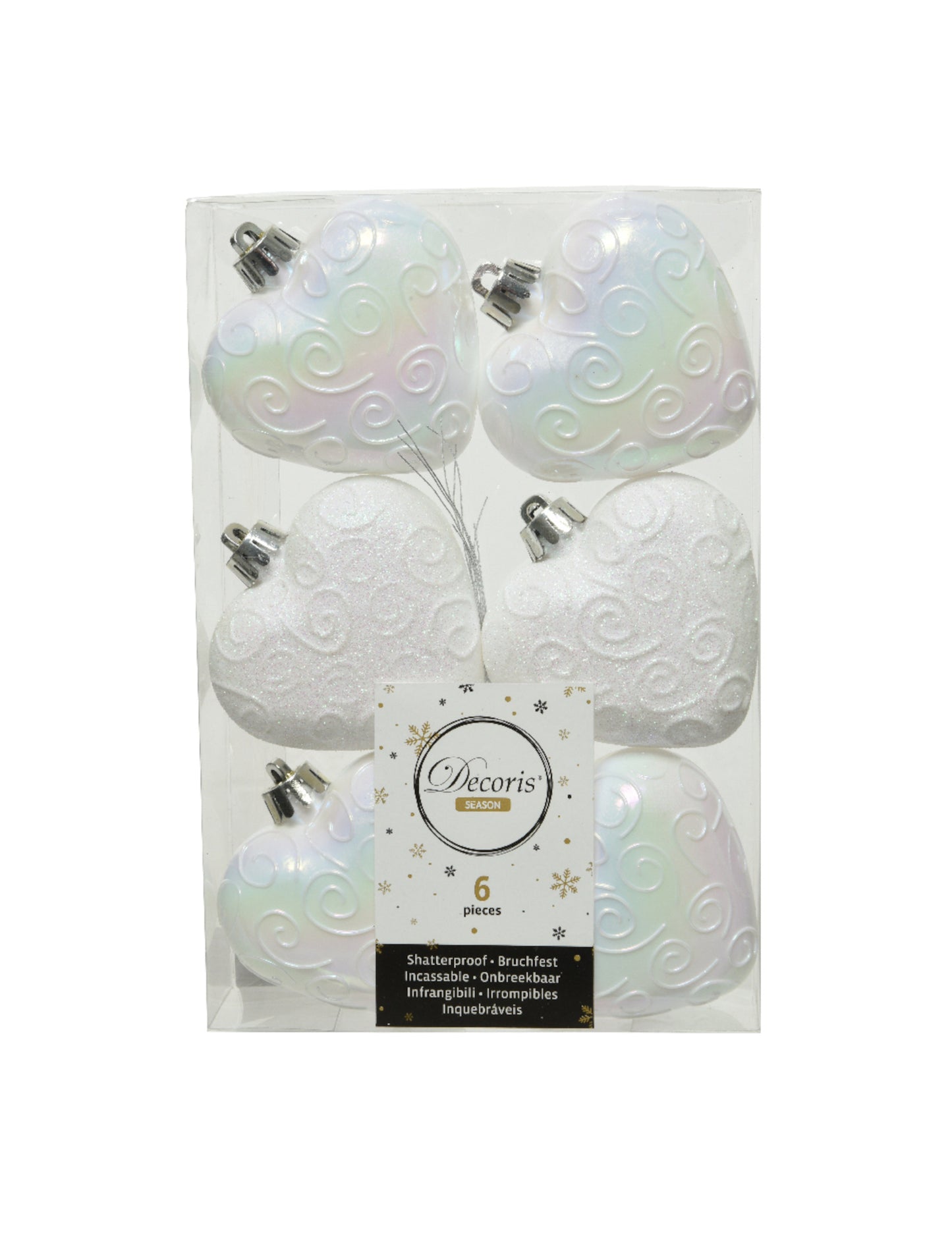 6 висящи украси за елха бели сърца 6 cm