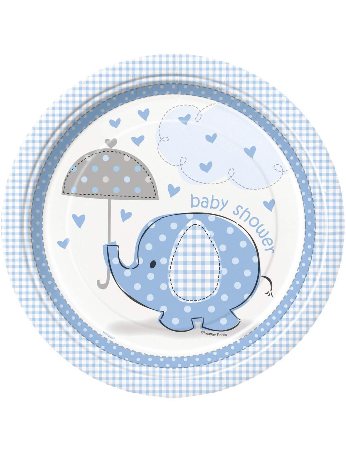 Assiettes en carton éléphant pour baby shower garçon bleu avec motif parapluie