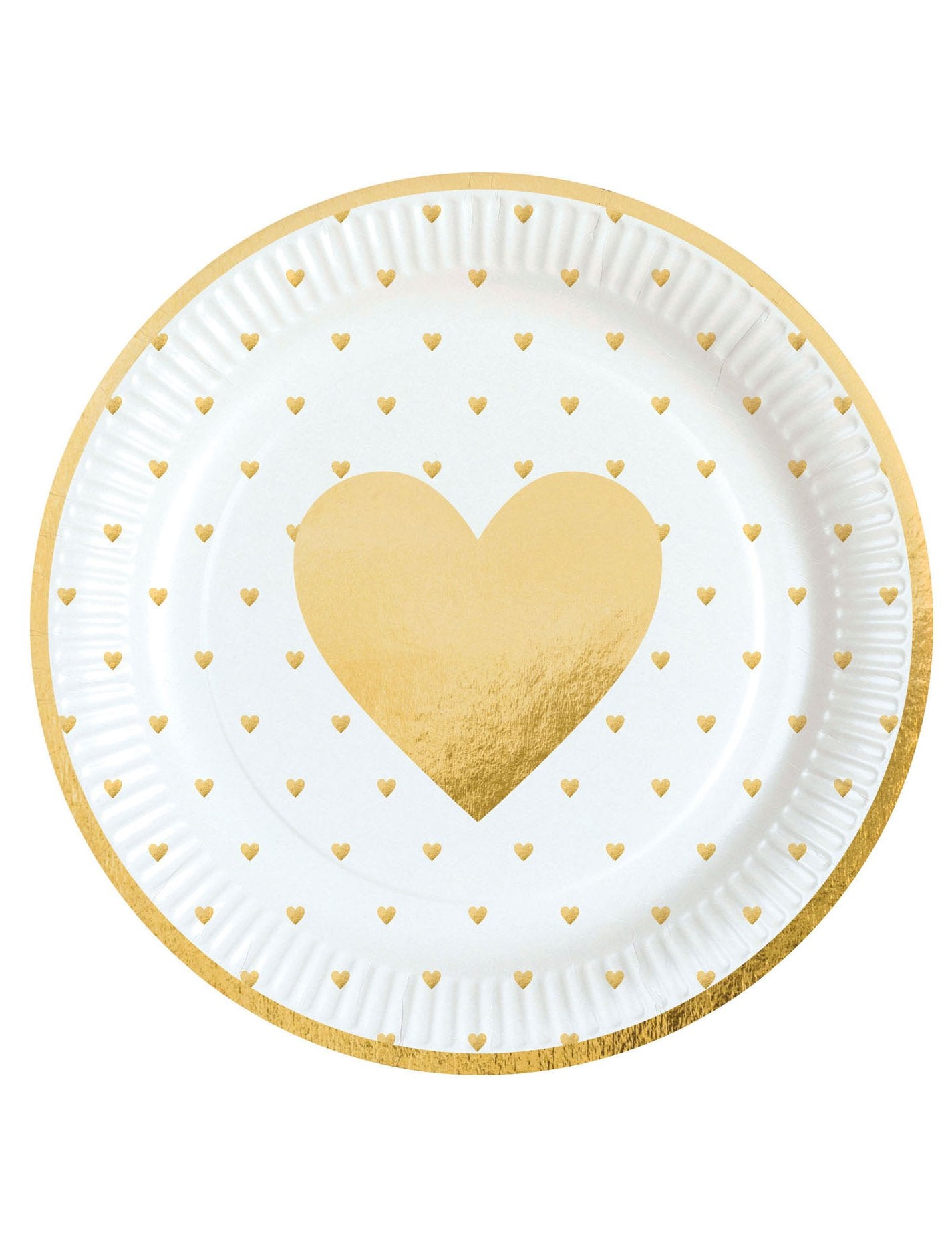Assiettes en carton cœur d'or pour Saint Valentin blanches et dorées