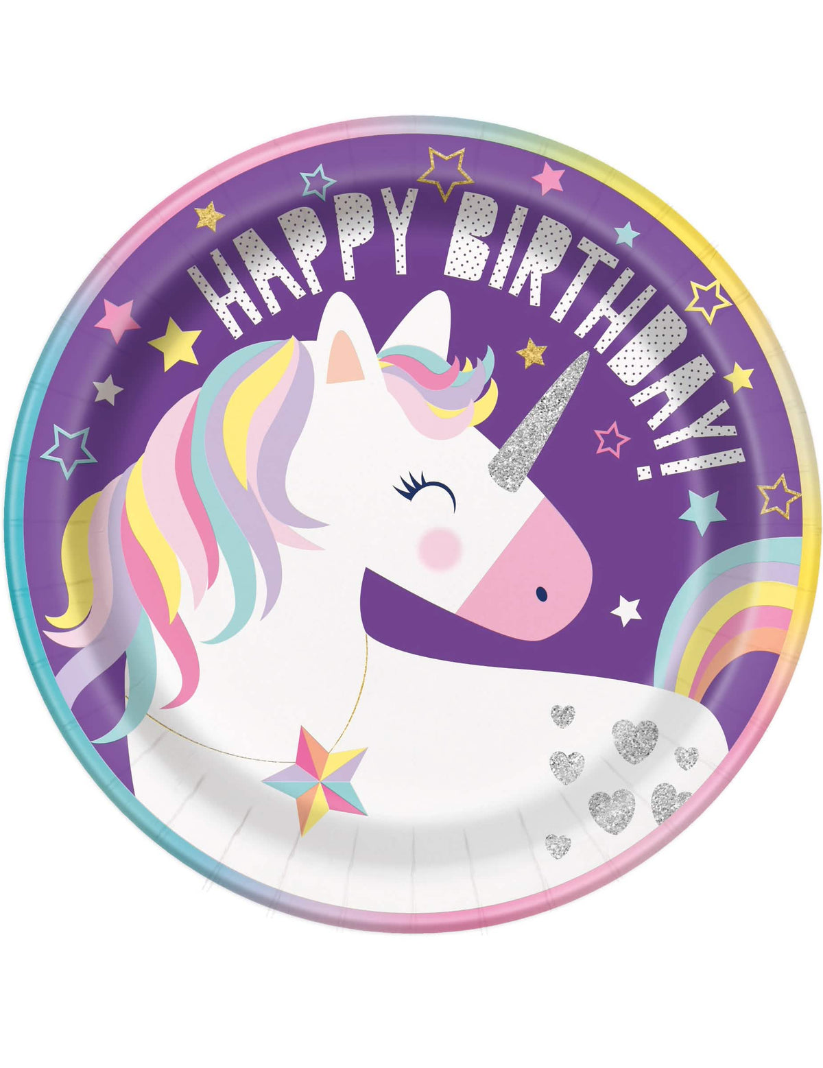 Картонени чинии Happy Birthday еднорози party за рожден ден момиче лилави с блестящи детайли