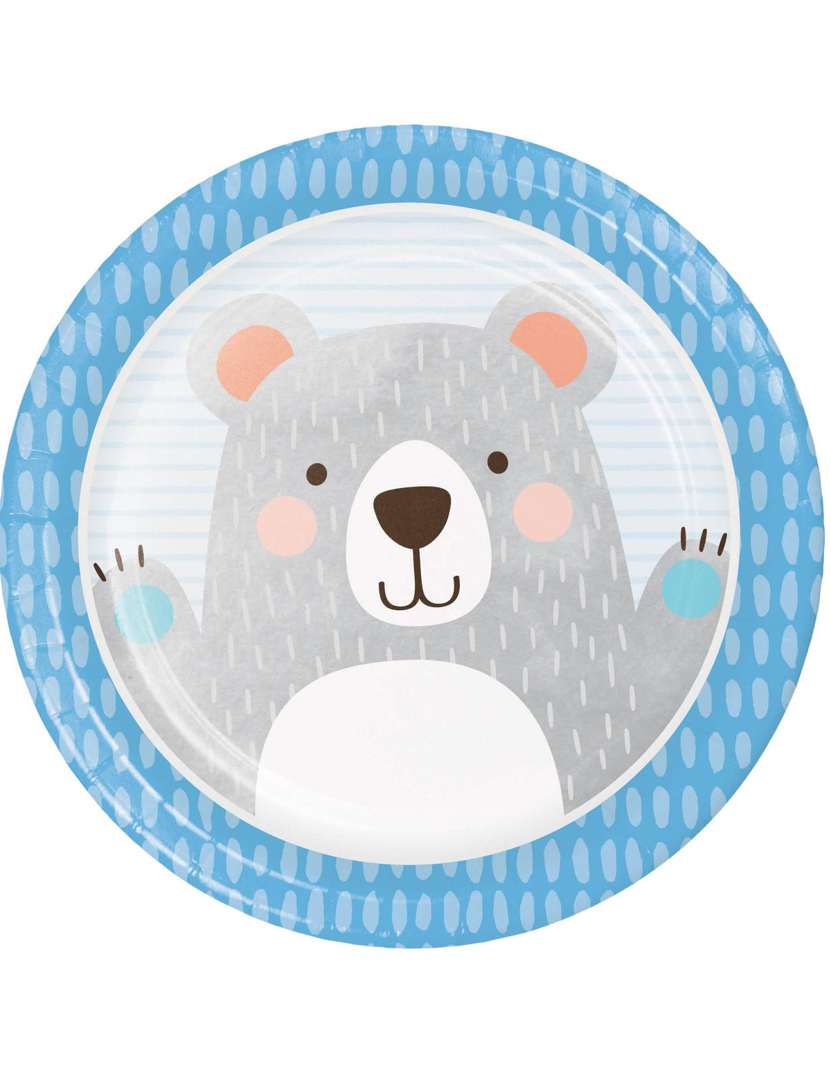 Assiettes en carton petit ours pour anniversaire gris et bleu