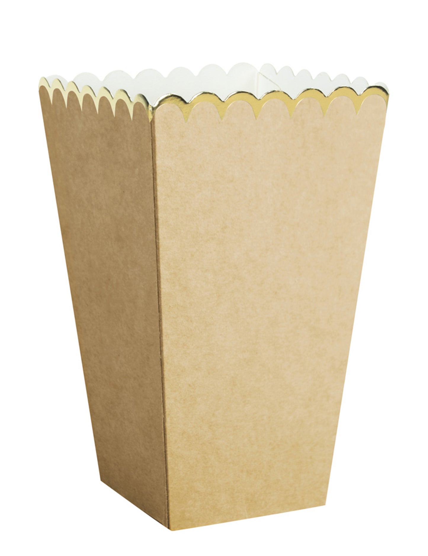 Vue de trois-quarts des boîtes à pop corn kraft et or
