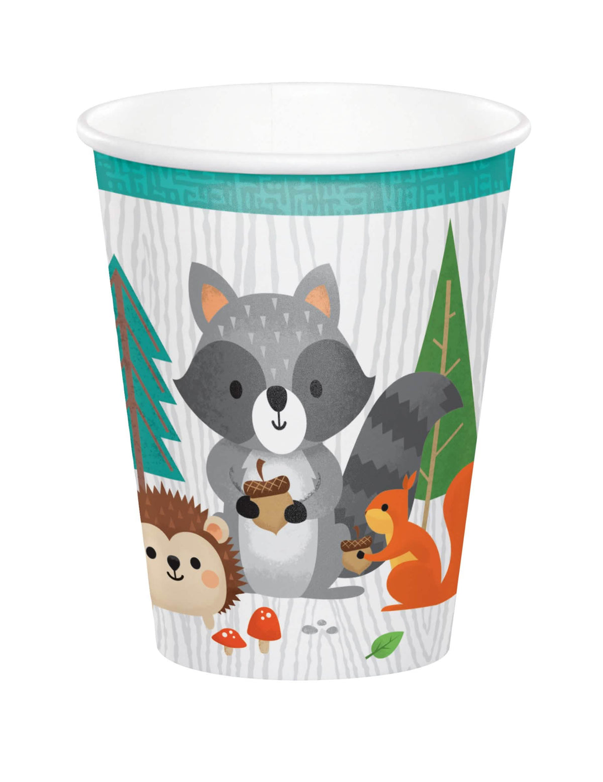 Gobelets en carton animaux de la forêt pour anniversaire blanc et vert avec raton laveur, hérisson et écureuil