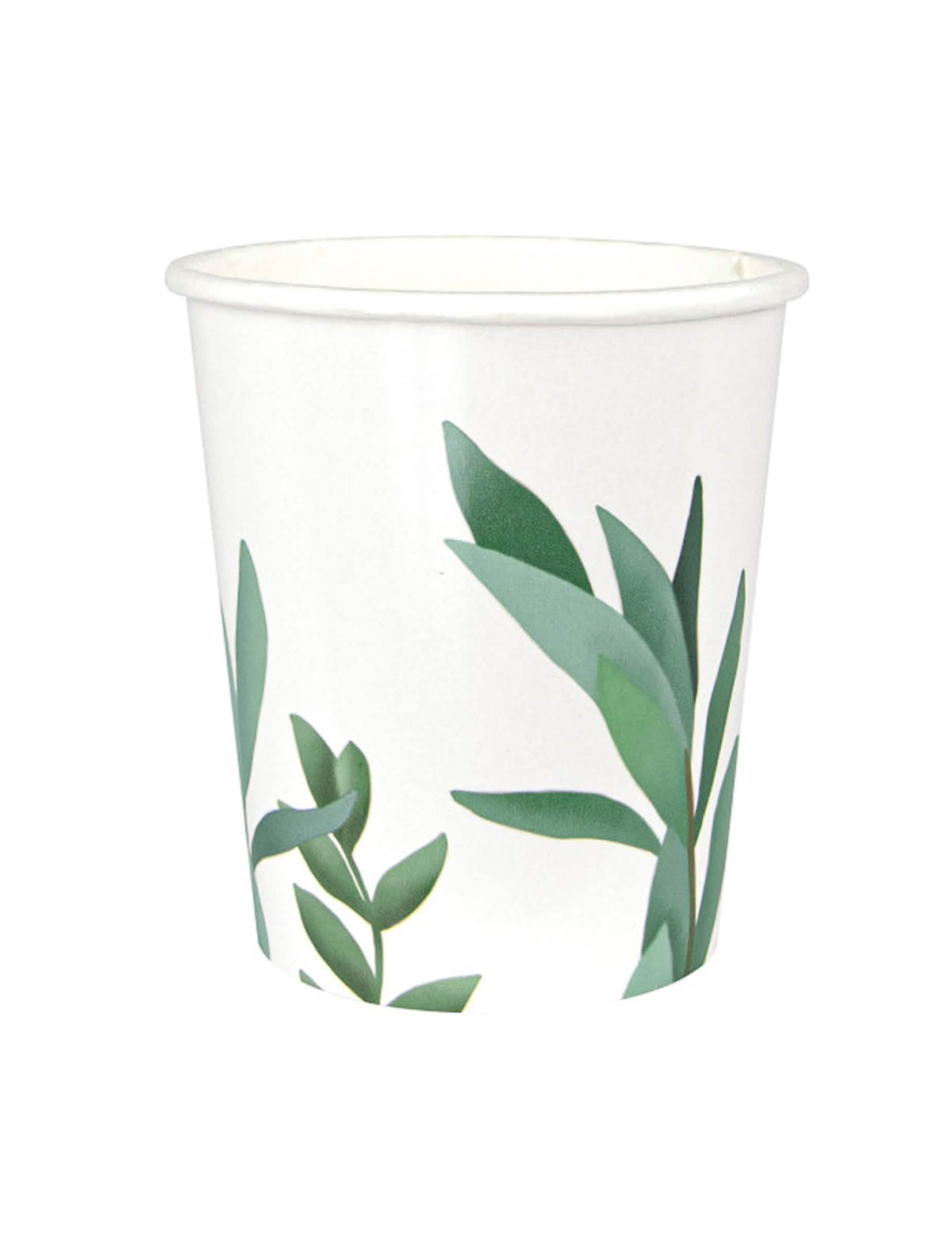 Gobelet en carton feuilles d'eucalyptus pour mariage blanc et vert