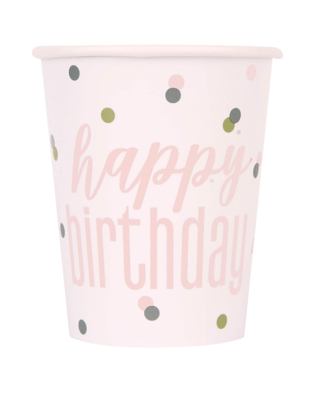 Картонени чаши Happy Birthday за рожден ден, бели и розови на точки