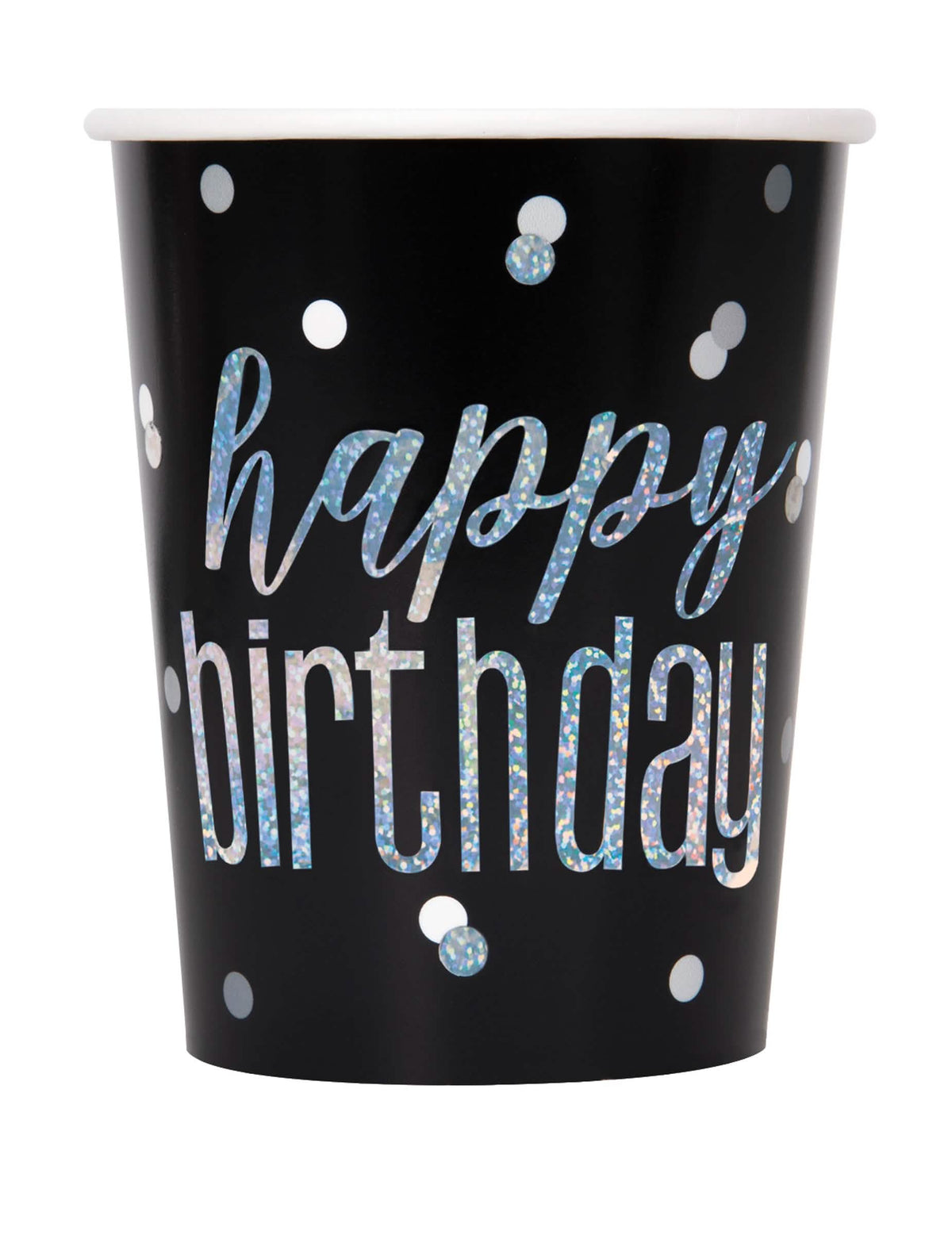 Хартиени чаши Happy Birthday за парти черни и сиви с лъскави конфети