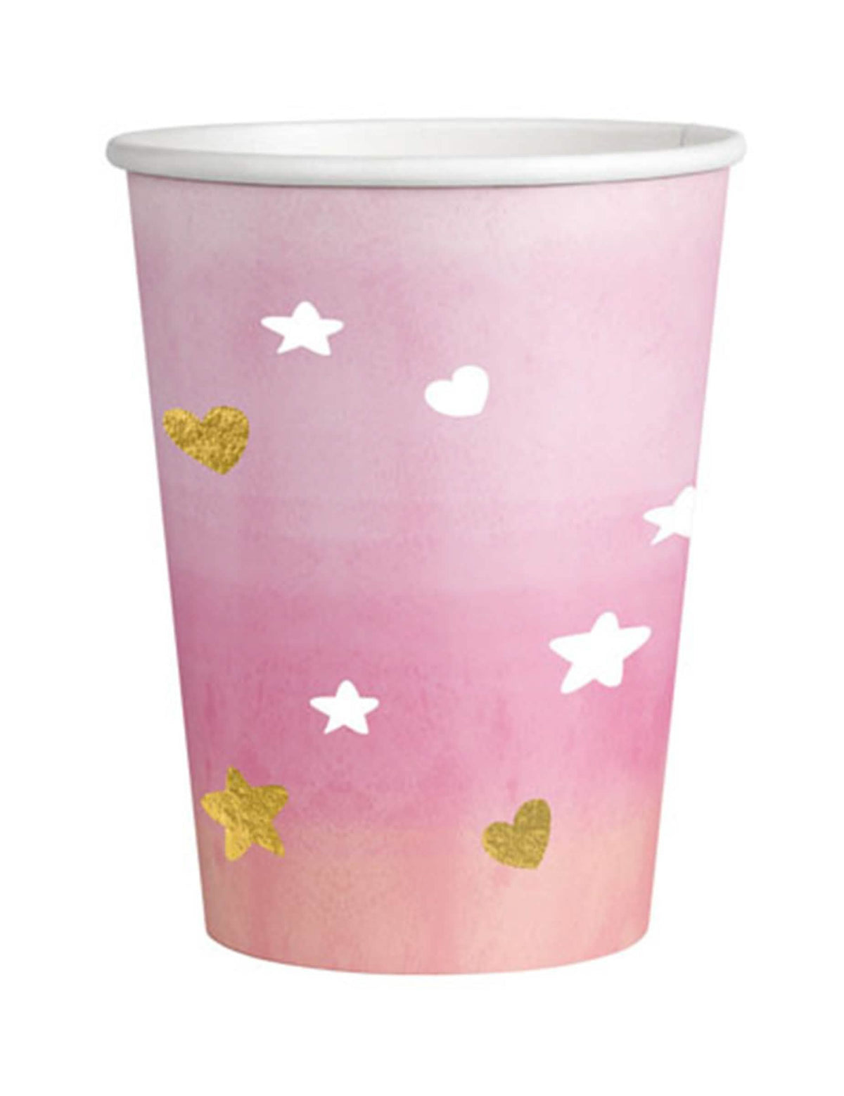 Gobelets en carton oh baby pour baby shower rose et or avec motifs étoiles et cœurs