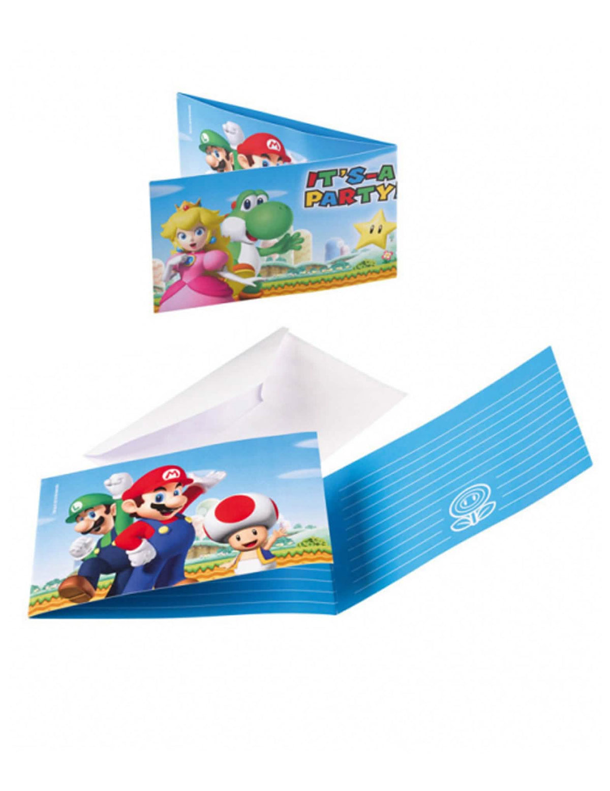 Покани и пликове Super Mario за дете сини с герои и бели пликове