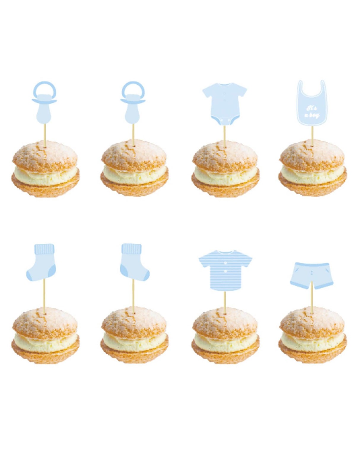 Pics en bois bébé bleu pour baby shower avec motifs naissance