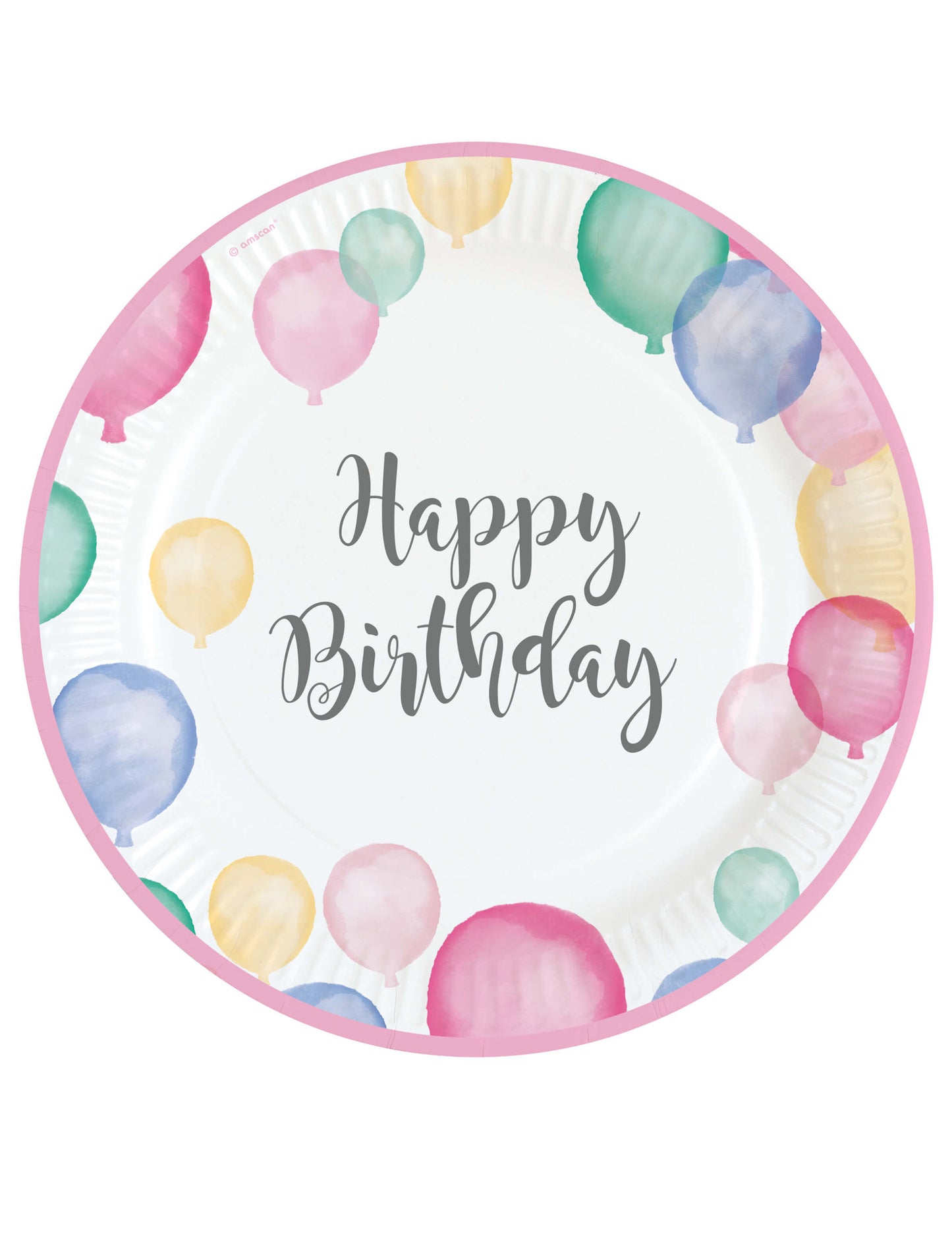8 картонени чинии Happy Birthday с пастелени балони 23 cm розов кант