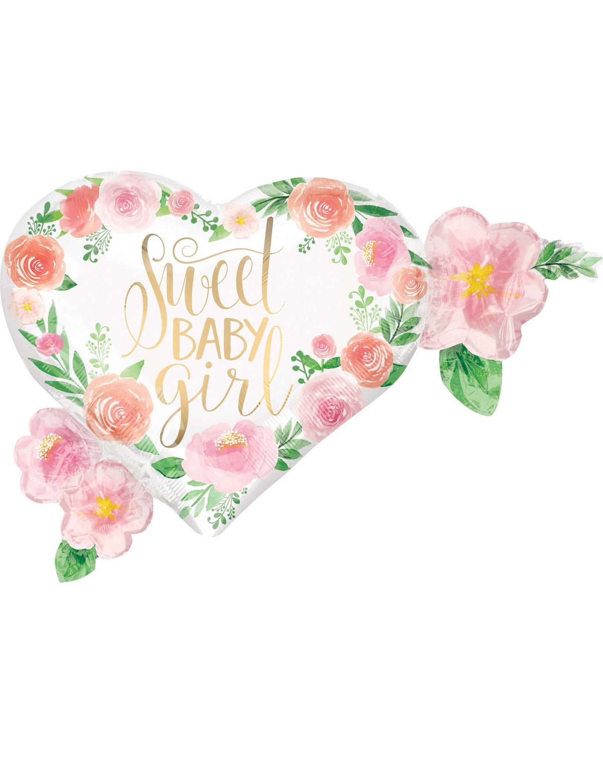 Балон от алуминиево фолио Sweet baby girl за baby shower бял с розови и оранжеви цветя