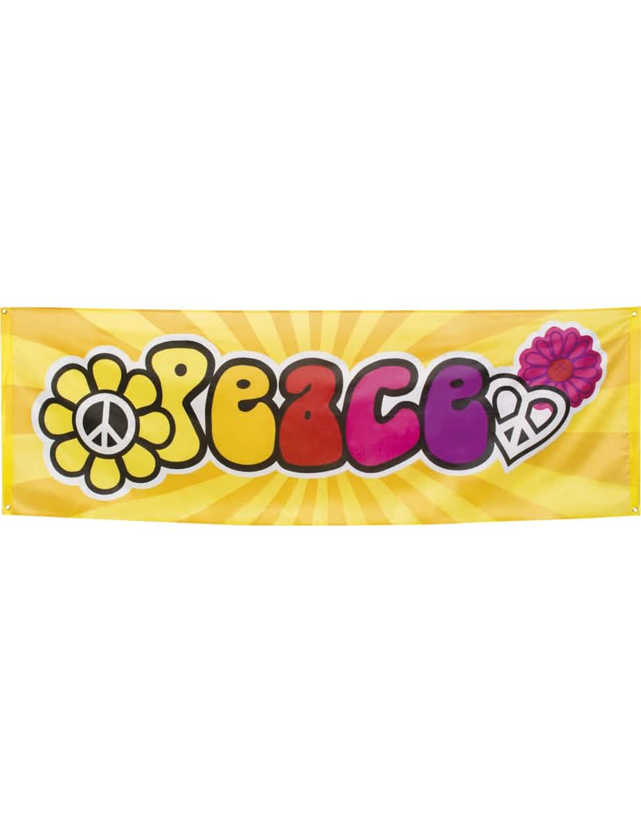Тъканен банер Hippie Flower Power за жълто парти с многоцветен надпис Peace