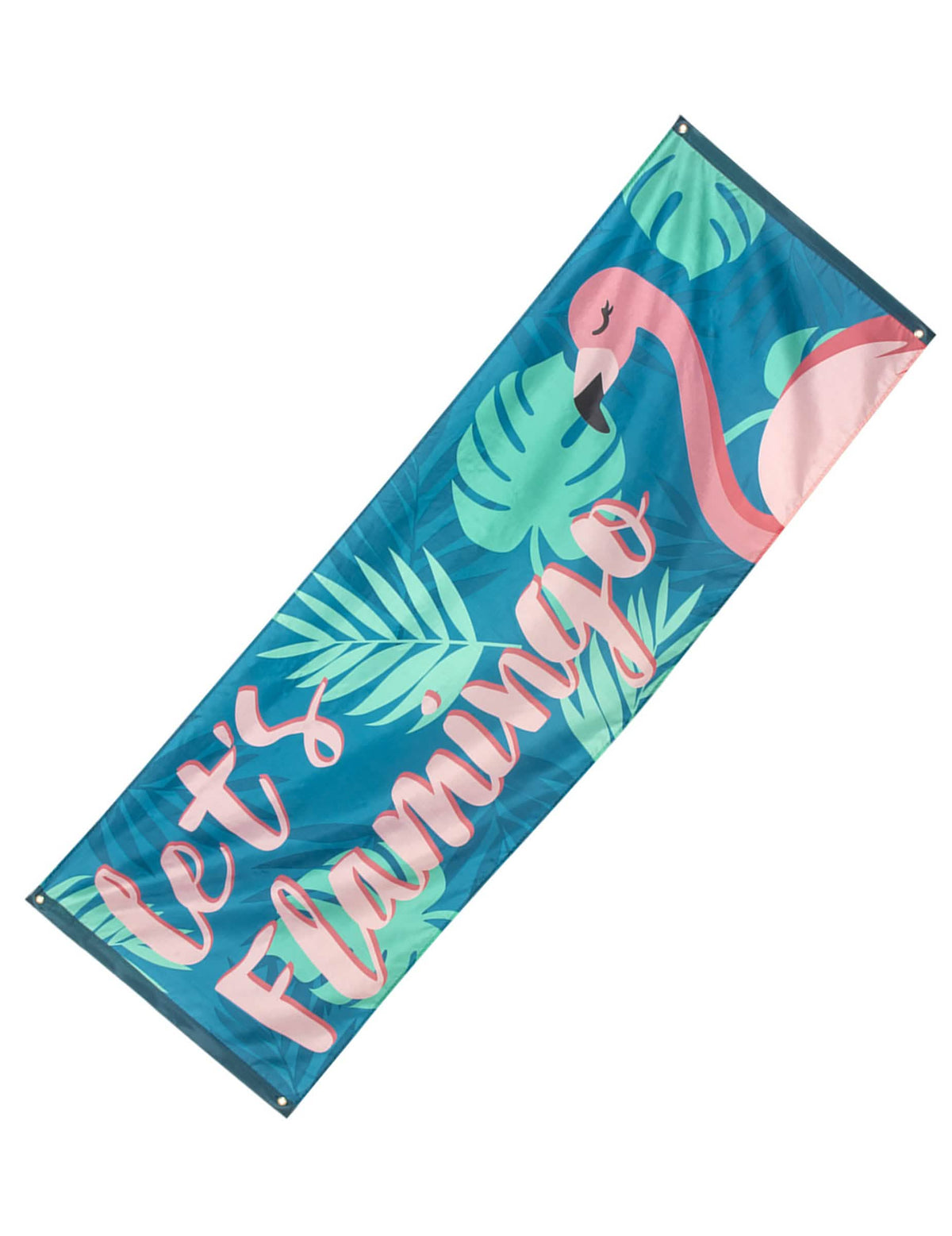 Банер Let's Flamingo Flamant Tropic за парти в синьо и розов с тропически листа