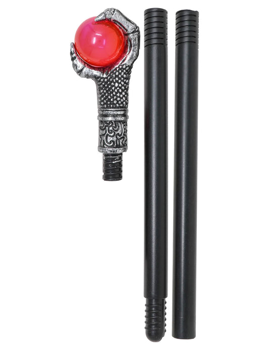 Détail des éléments démontables du bâton de sorcier à griffes et orbe rouge
