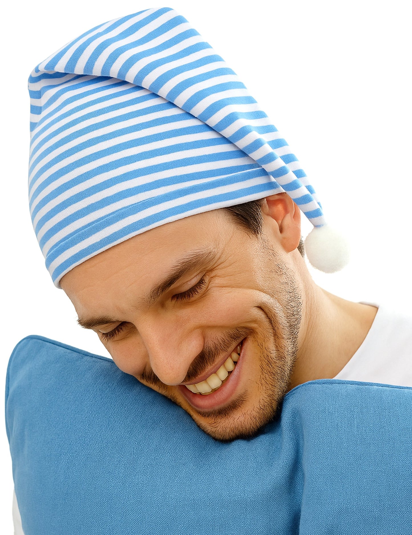 Синя и бяла шапка с възрастни помпом