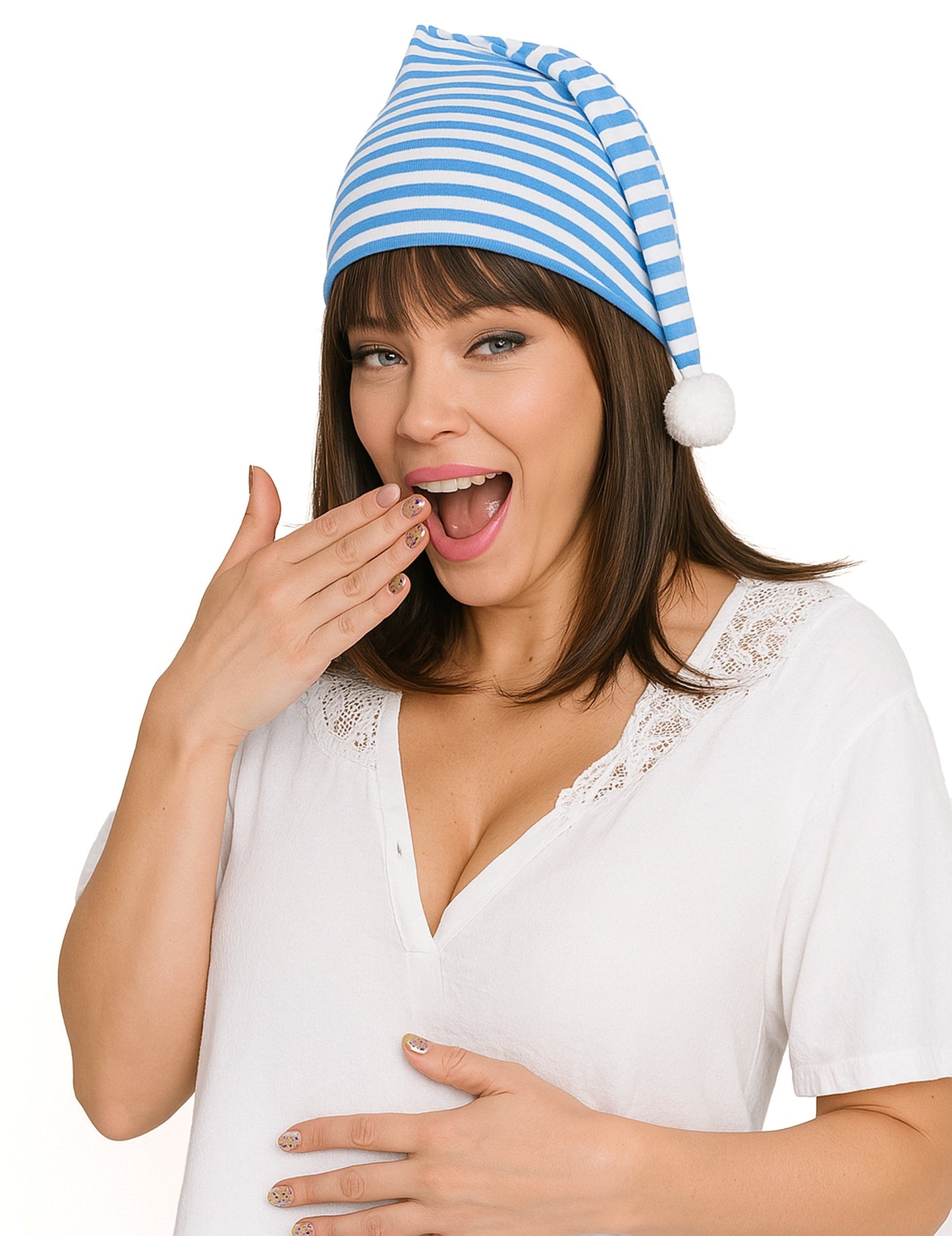 Синя и бяла шапка с възрастни помпом