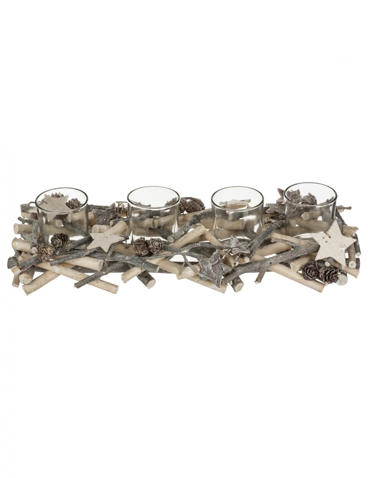 Centre de table 4 photophores sur bûche pour décoration bois naturel avec étoiles et pommes de pin
