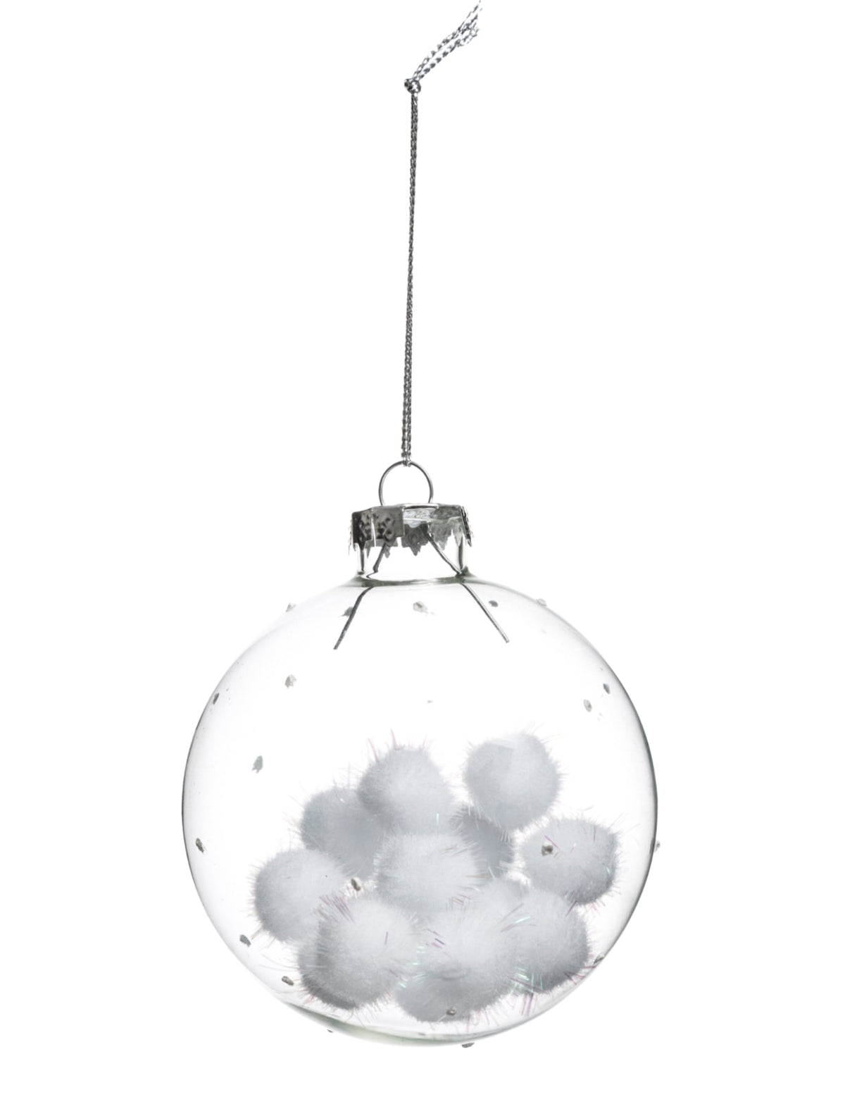 Boule de noël en verre avec boules de coton transparente et blanche