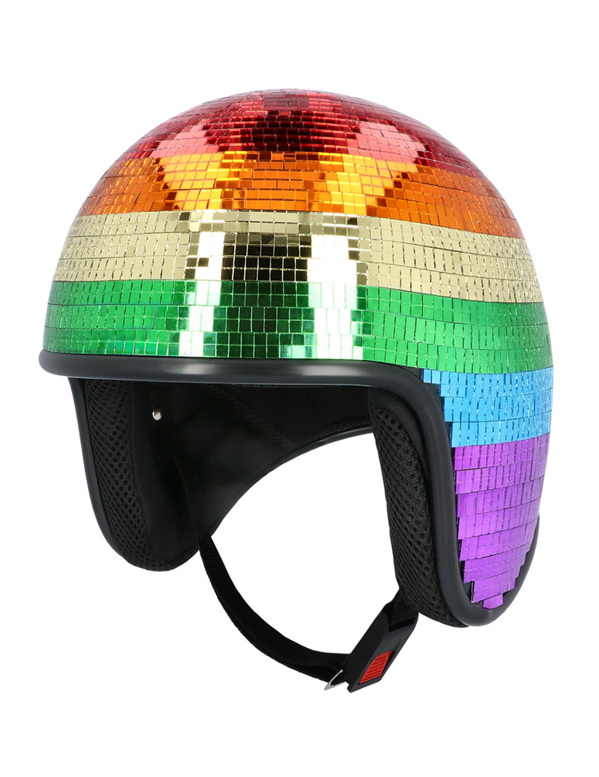 Vue de profil et de l'intérieur du casque boule à facettes arc en ciel pour adulte