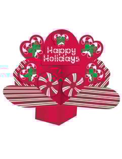 Център за маса Коледа Happy Holidays за декорация на празник в червено и зелено с мотиви от захарен тръбичка