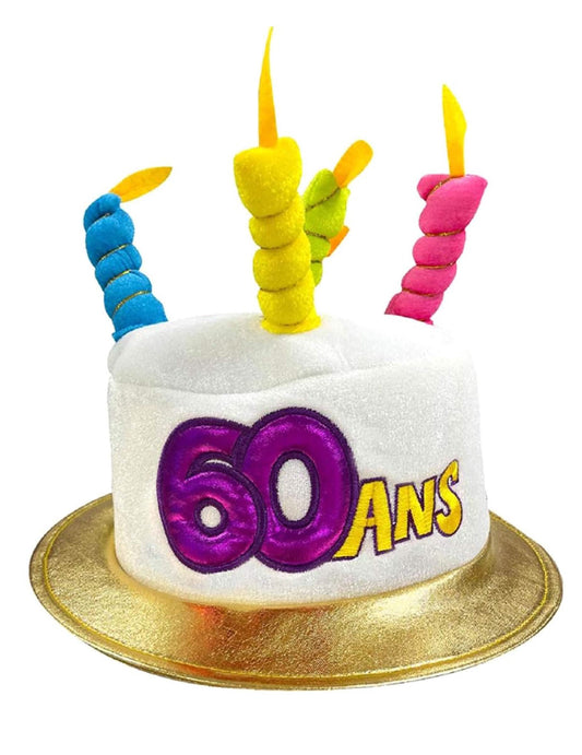 Vue de face du chapeau gâteau 60 ans pour adulte