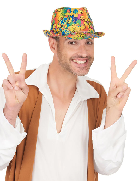 Vue de face du chapeau borsalino hippie à fleurs