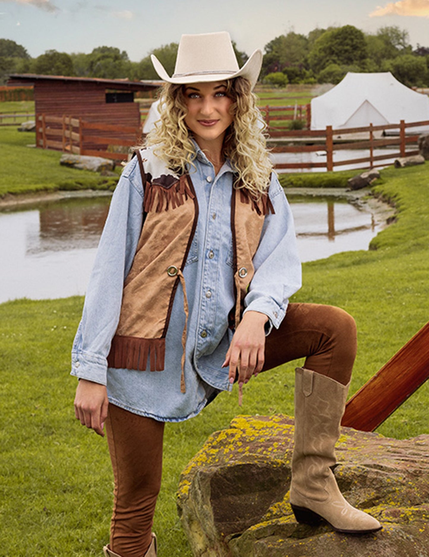 Възрастен бежово каубойска шапка