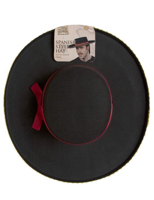 Chapeau espagnol pour adulte noir avec ruban rouge et bordure dorée
