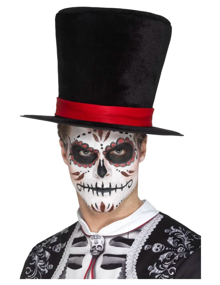 Цилиндър от кадифе Día de los Muertos за възрастен черен с червен лентa