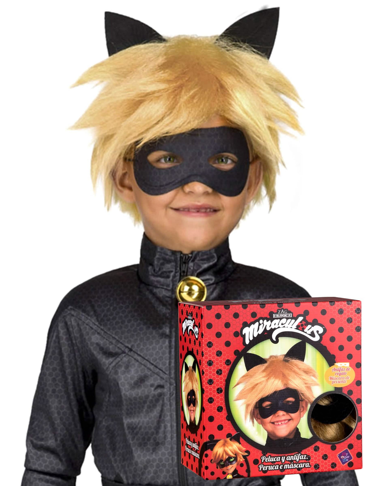Изглед на опаковката на перуката и маската котки черен Miraculous™ за дете